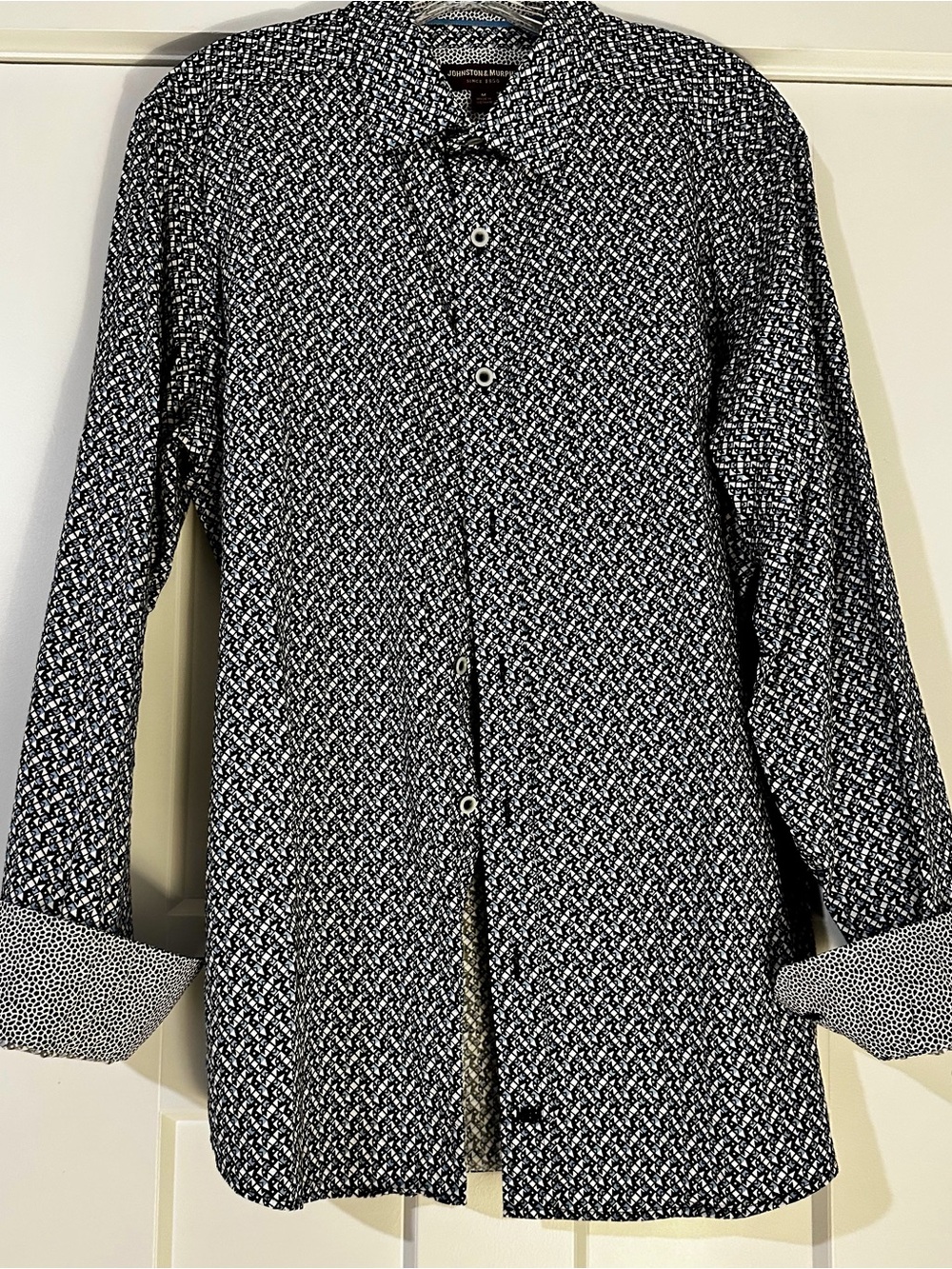 Johnston & Murphy Men’s Button Front Shirt M Black,White,Blue Geometric